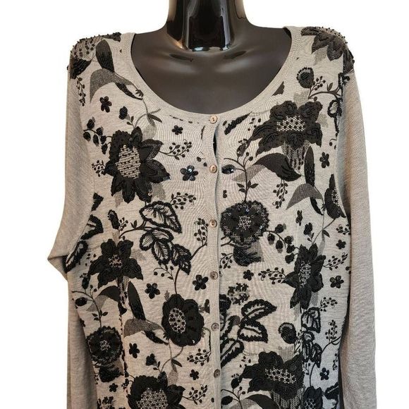 Victor Costa • Gray Floral Sequence Silk Blend Cardigan Sweater Size L - Picture 1 of 6